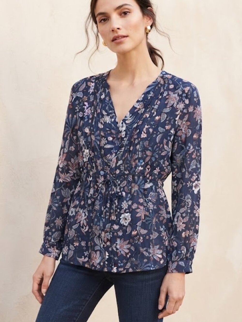 Hilary Radley Navy Floral V-Neck Peasant Blouse